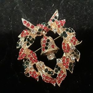 Christmas Wreath Pin, Brooch, Rhinestone, Bell